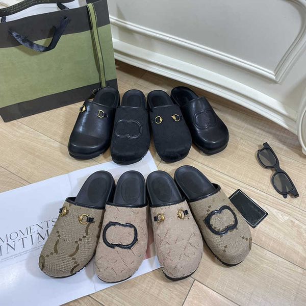 

women's half slippers leather vintage muler shoes new designer g sandals metal letter buckle luxury brand flat heel baotou outdoor clas, Black