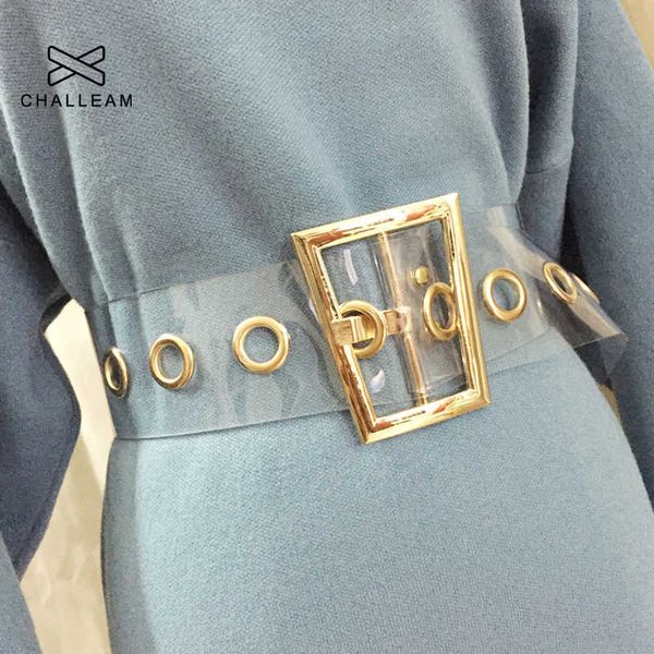 

belts fashion women transparent wide waist belt female designer trapezoid gold metal buckle dress laser clear pvc belt 235 j230220, Black;brown