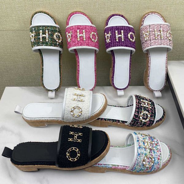 

slippers 2023 design small fragrance new style tweed one word heel thick bottom lazy slippers women's sandals wear versatile wooden bot, Black