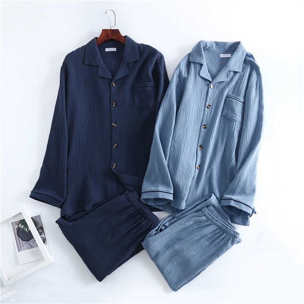 

men's socks four seasons new men's washing texture crepe gauze suit collar button pajamas home set, Black