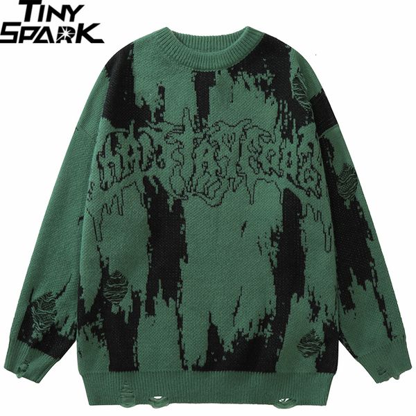 

men s sweaters 2023 men streetwear ripped distressed vintage letter graphic hip hop knitted retro pullover hipster 230220, White;black