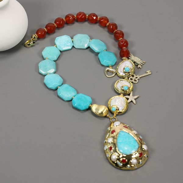

red carnelian blue amazonite 24k gold plated white pearl turquoise necklace amazonite cz paved pendant women gifts, Silver