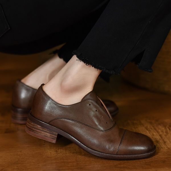 

dress shoes retro for women vintage round toe simple ladies cowhide soft leather flats low heel slip on quality european oxfords 230220, Black