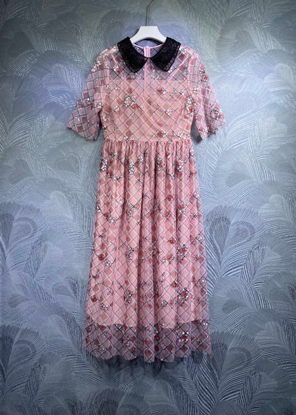 

2023 autumn style floral dress,lapel mesh embroidery, Black;gray