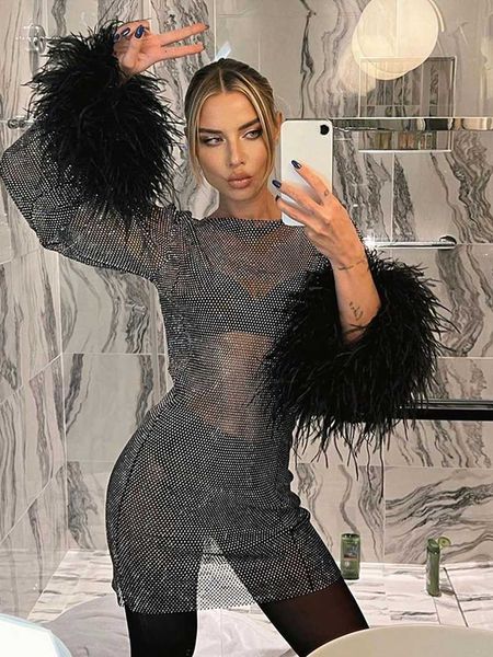 

casual dresses fashion feather patchwork long sleeve mesh dress women 2023 spring see-through bodycon package hip party night club dresses l, Black;gray