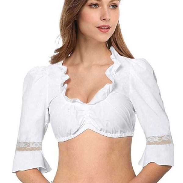 

women's blouses shirt solid white color lace trim crop dirndl for german beer festival oktoberfest 230220