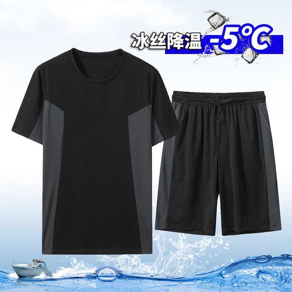 

yoga clothes men's sports and leisure suit summer new ice silk short sleeve shorts large size breathable thin high elastic, Black;white