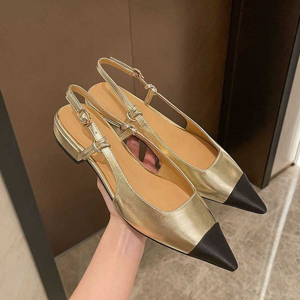 

genuine real leather mixed color pointed closed toe elegant ladies party shoes luxury brand low heels slingback women sandals 0220, Black