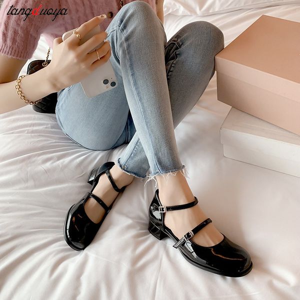 

dress shoes summer autumn women double buckle mary janes patent leather dress high heels pumps retro ladies shoe black red 230220