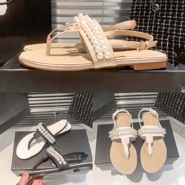 

new designers shoes spring flat sandal woman fashion pearl matching flip-flops size:35-40, Black