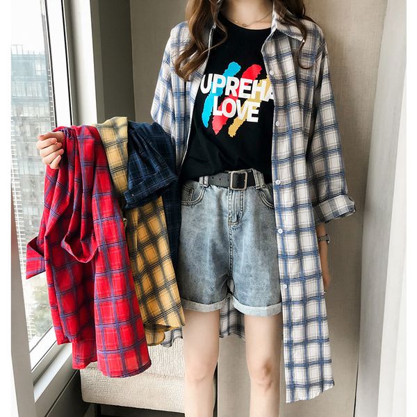 

women's blouses shirts plaid blouse women longsleeve thin section sun protection long skirt blusas mujer de moda shirt plus size 23022, White
