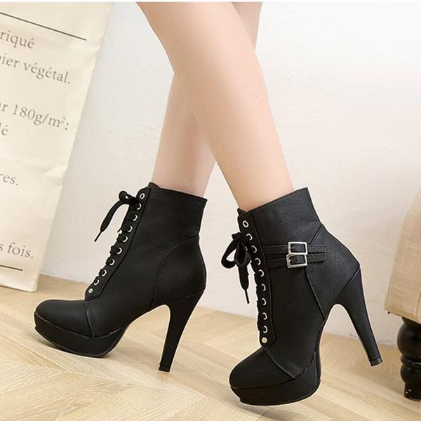

women fashion boots lace up ladies high heels pu leather platform pointed toe plus size classic keep warm womens shoes, Black