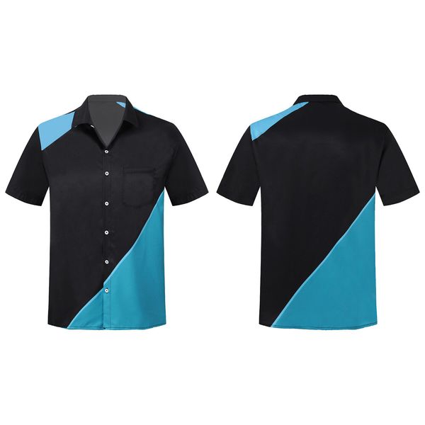 

men's casual short-sleeved button bowling shirt lapel with pocket, White;black