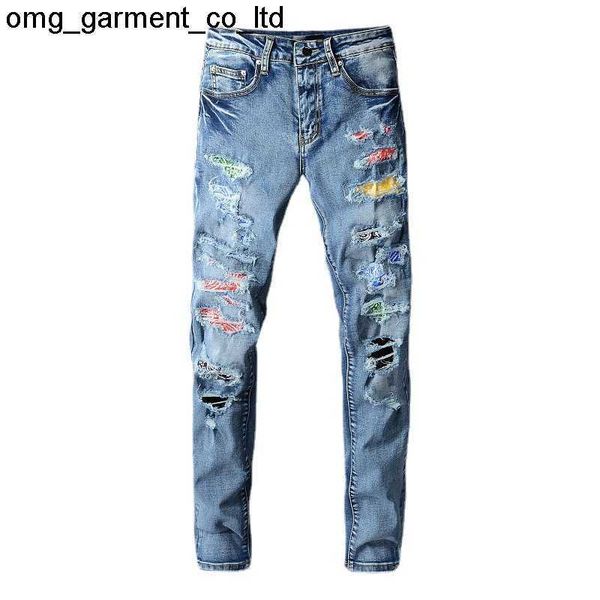 

men's new designer amirs fashion brand worn jeans men's casual slim jeans pants, Blue