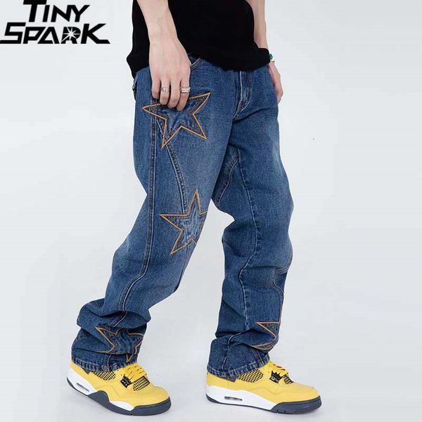 

men s pants 2023 men hip hop streetwear denim embroidery stars harajuku cotton joggers jeans trousers harem black 230220