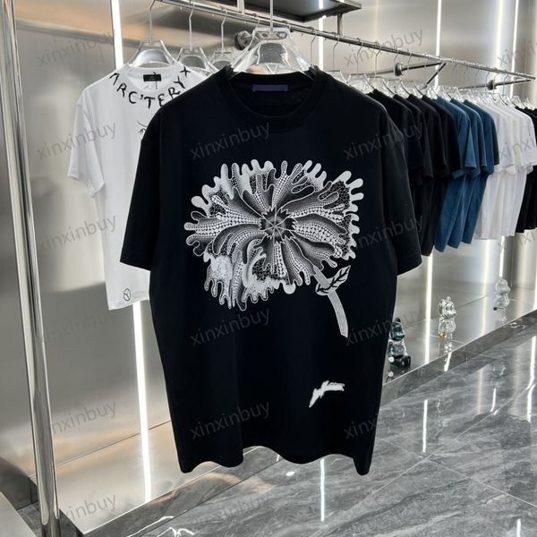 

xinxinbuy men designer tee t shirt 23ss paris lotus leaf letter print short sleeve cotton women white black beige s-2xl, Black;brown