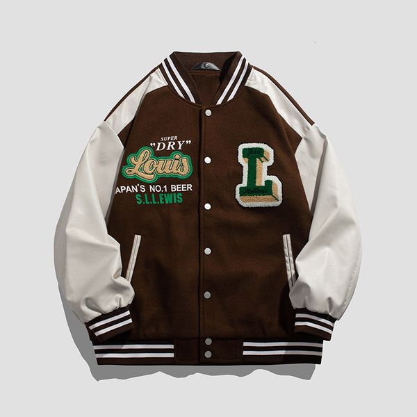 

men s jackets american retro letter flocking embroidered baseball uniform spring and autumn couple loose sleeve color matching casual jacket, Black;brown