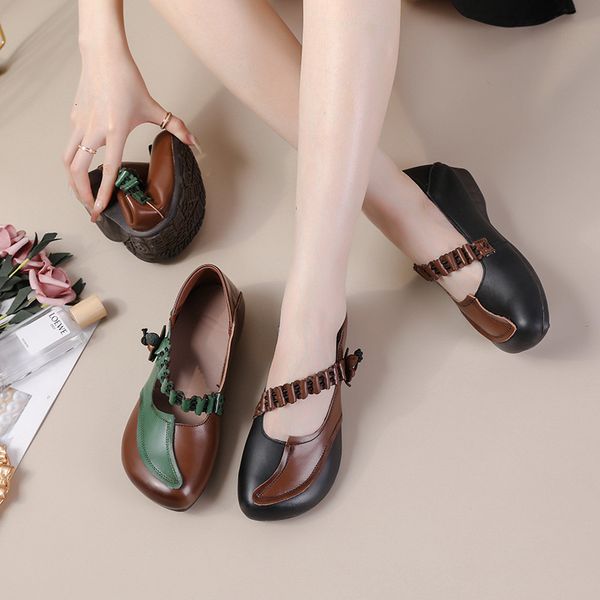 

dress shoes cowhide flat bottom womens ethnic style leather beef oxfords color matching elderly mothers 230220, Black