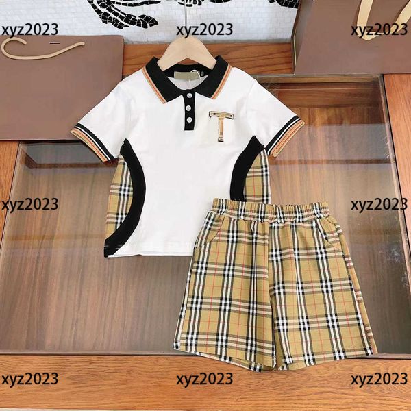 

luxury kids clothes child sets baby dress summer 2pcs t-shirt and shorts plaid patchwork print tracksuit outdoor size 90-150 cm, White