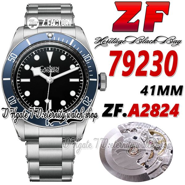

zf zfa79230 eta a2824 zf2824 automatic mens watch 41mm steel case blue bezel black dial luminous markers stainless bracelet 2023 v3 super ve, Slivery;brown