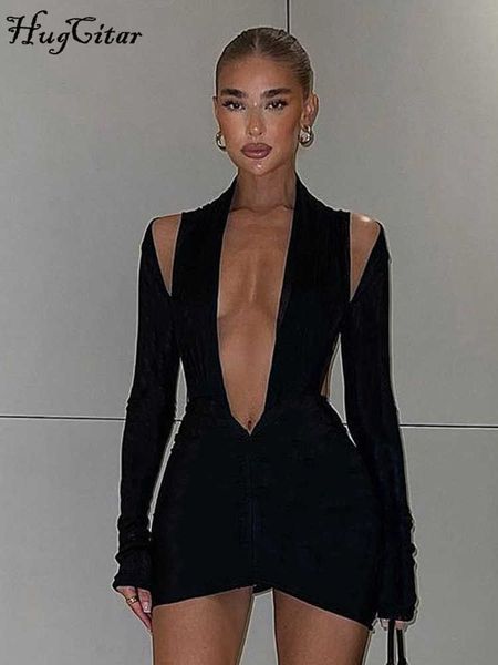 

casual dresses hugcitar long sleeve deep v neck hollow out ruched mini dress 2022 bodycon streetwear party club clothes l230217, Black;gray