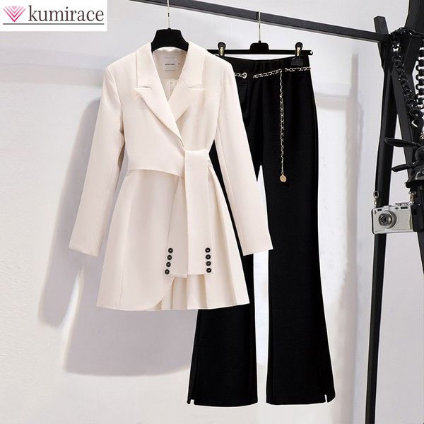 

womens two piece pants autumn long sleeved trousers lapel leisure suit elegant button belt decorative womens coat pants twopiece set 230220, White