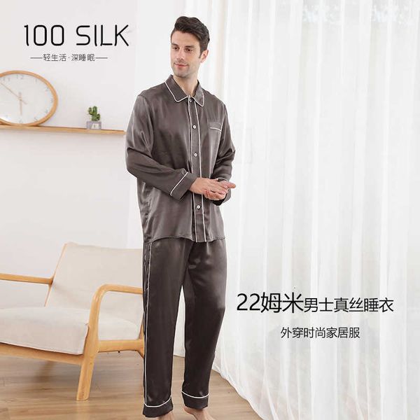 

men's socks 22 mm new men's silk pajamas 100 mulberry long-sleeved trousers home suit, Black