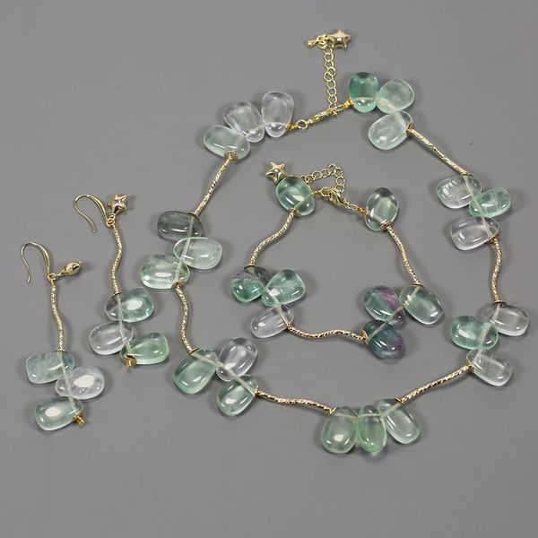 

natural purple green fluorite orm shape chain station necklace bracelet earrings sets handmade simple lady gifts, Silver