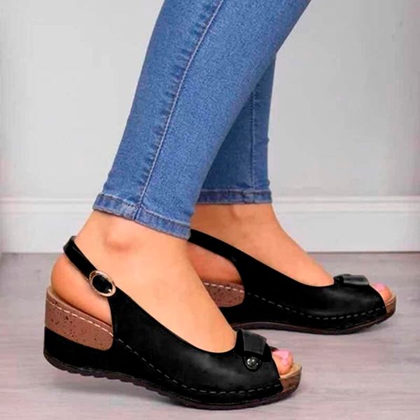 

sandals fish mouth buckle wedge large size womens shoes 230220, Black