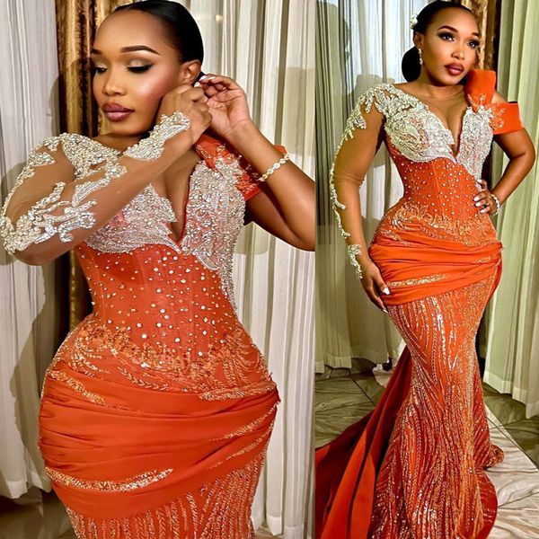 

2023 arabic aso ebi red orange prom dresses mermaid beaded crystals evening formal party second reception birthday engagement gowns dress zj, Black