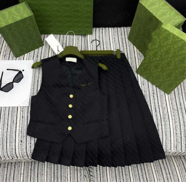 

vest two piece dress front metal chain custom buttons lapel sleeveless jacket matching high-waisted pleated mid-length skirts two pieces set, White