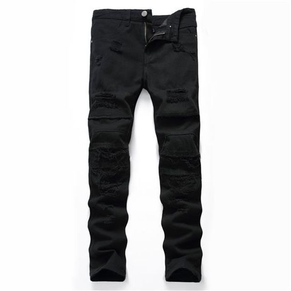 

mens jeans slim stretch washed ripped small foot pants zipper pant leg straight tides mens pant, Blue