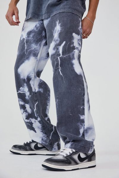 

men s jeans men loose skate denim pants adults color block lightning cloud print trousers with pockets s 2xl 230217, Blue