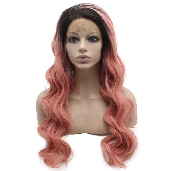 

long wavy dark root rose pink wig heat resistant synthetic hair lace front wig, Black