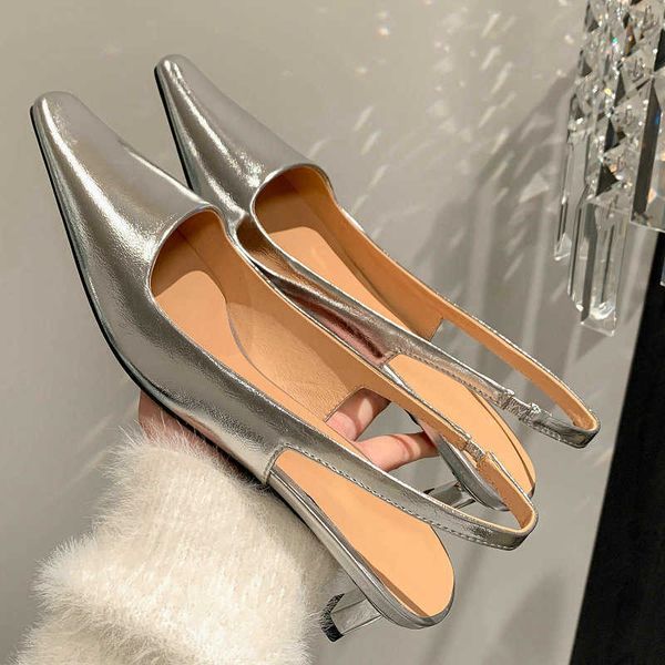 

genuine leather pointed closed toe silver white size 33-41 women party wedding kitten heels slingback lady summer sandals 0220, Black