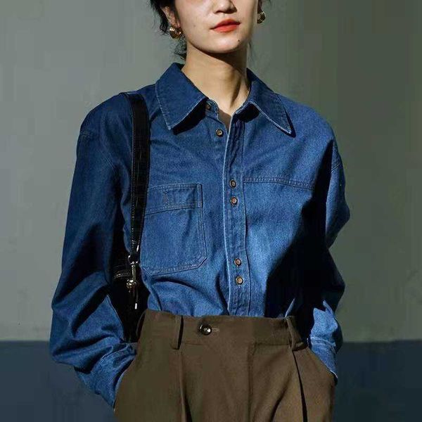 

french blue folded denim women's spring and autumn new design sense small crowd polo collar shirt, White