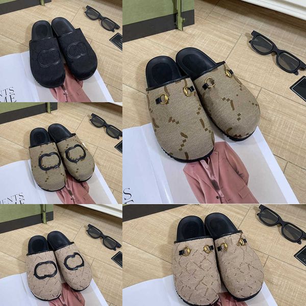 

designer slippers women loafers leather flats mules classic double g embroidery slipper metal buckle baotou outdoor lazy slides, Black