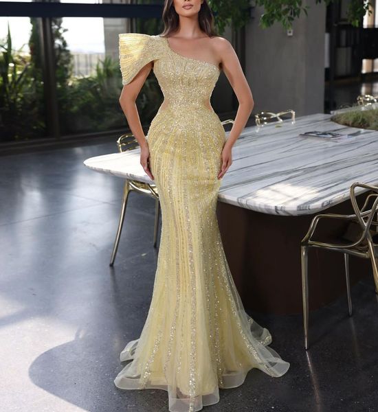 

sparkly yellow evening dresses sleeveless bateau one shoulder lace beaded appliques sequins mermaid floor length celebrity formal prom dress, Black;red