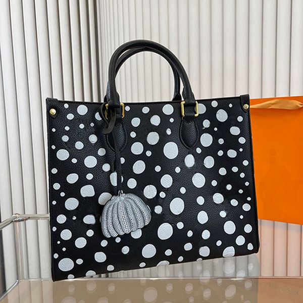 

collection tote bag polka dots printed handbag purse large capacity shopping bags genuine leather shoulder bags removable pumpkin charm silv