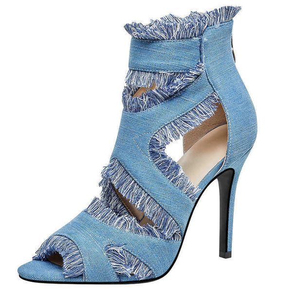

denim jeans peep toe 2023 summer woman pumps zip up cut-out super thin high heeled sandals with fringes tassel heels shoes 0220, Black