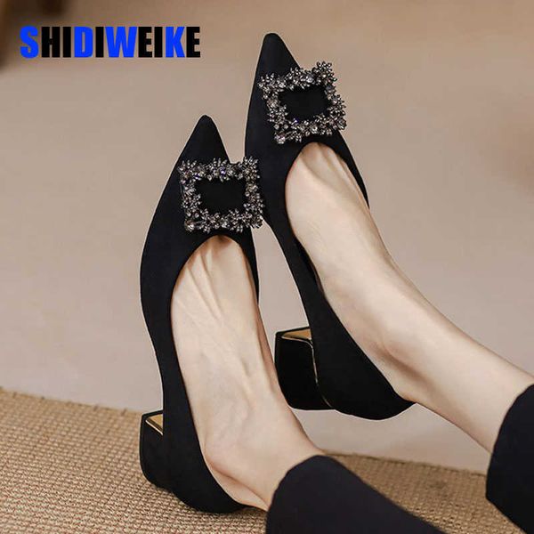 

sdwk 5cm spring new women pumps retro rhinestone decorations shallow mouth pointed toe square heel elegant slip on mule shoes 0220, Black