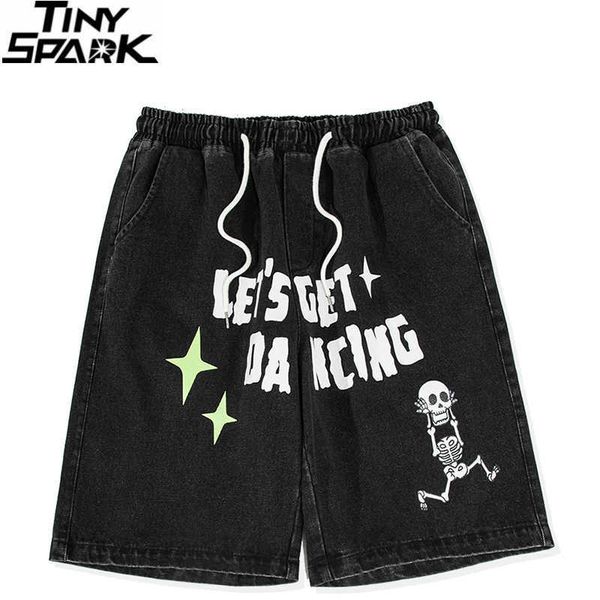 

men's shorts hiphop streetwear jeans short funny dancing skull skeleton graphic denim short 2023 men harajuku black denim cargo shorts, White;black
