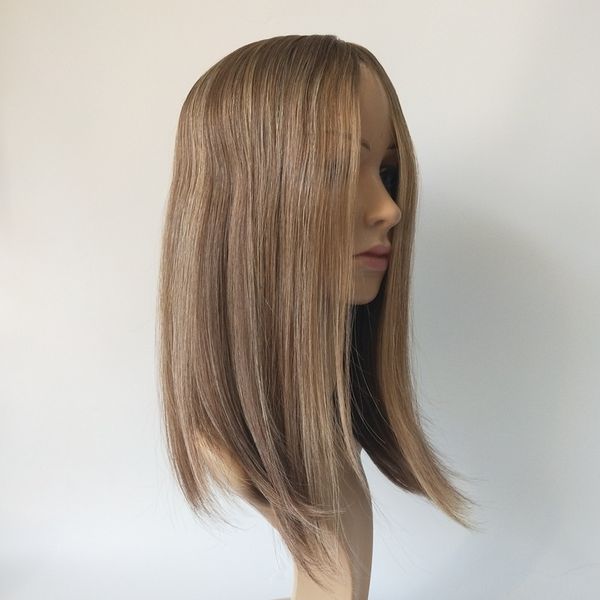 

stock jewish kosher ers blonde women's toupee highlights 16 inch 8hls14# 4"*4" silk mongolian human remy hair high density sh, Black;brown