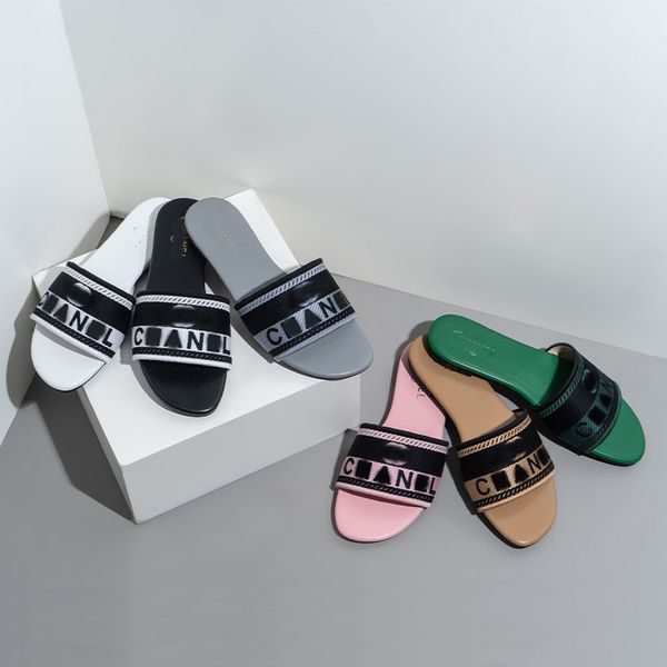

Luxury Embroidered Fabric Slide Slippers Designer Slides Women Summer Beach Walk Sandals Fashion Low heel Flat slipper Shoes Size 37-42, Black