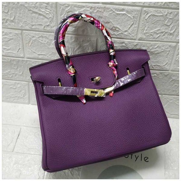

designer bags birkin herme 5a new litchi pattern bag fashion purple layer cow leather womens bag lock bag 18lil