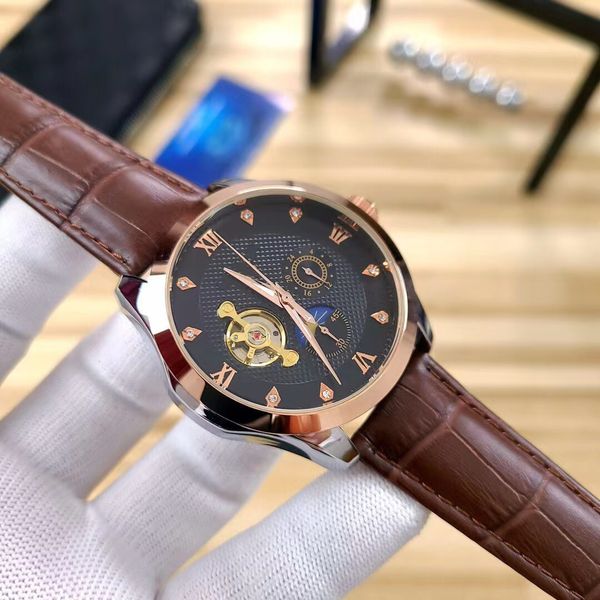 

2023 designer foreign trade men's belt big flywheel five needle automatic mechanical watch business men's watch, Slivery;brown