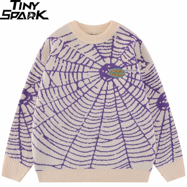 

men s sweaters 2023 men streetwear hipster spider web graphic hip hop knitted casual loose pullover black purple 230220, White;black