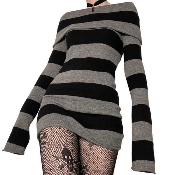 

casual dresses y2k striped sweater mini dress mall goth grunge emo bodycon chic women off shoulder full sleeve slim fit dresses 00s vintage, Black;gray