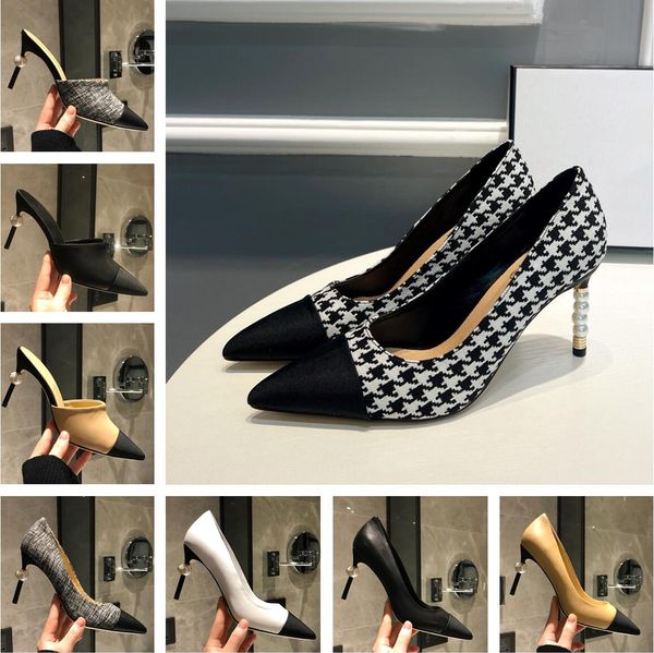 

designer women sandal shoes pointy pearl high heels women backless high half drag sandal shoes spelling color wedding party heels, Black