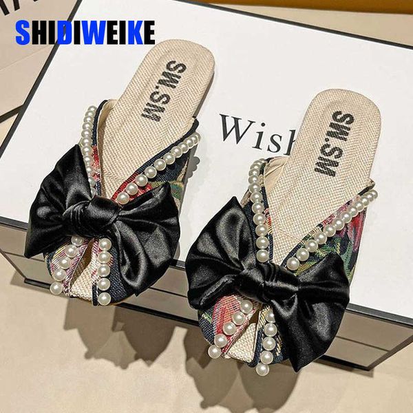 

sdwk peep-toe floral half flat slippers women's outdoor summer new fashion pearl bow soft bottom one foot sandals women ad3423 0220, Black